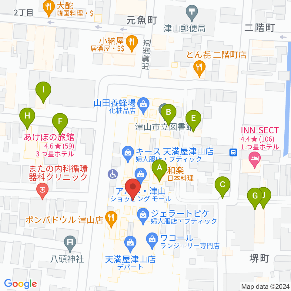 ベルフォーレ津山周辺のファミレス・ファーストフード一覧地図