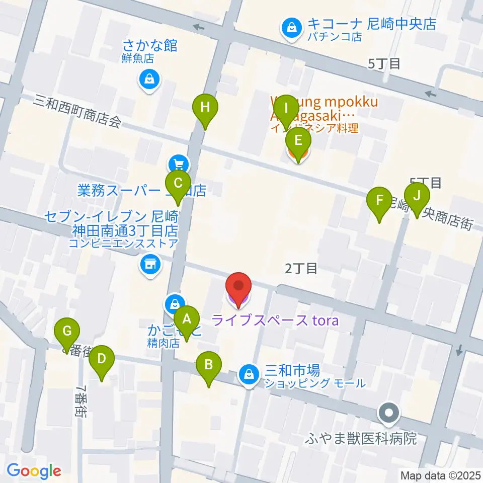 尼崎tora周辺のファミレス・ファーストフード一覧地図