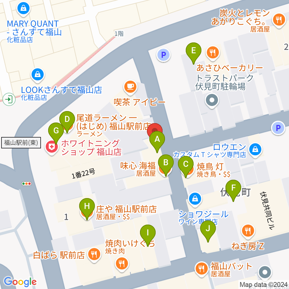 福山DUO周辺のファミレス・ファーストフード一覧地図