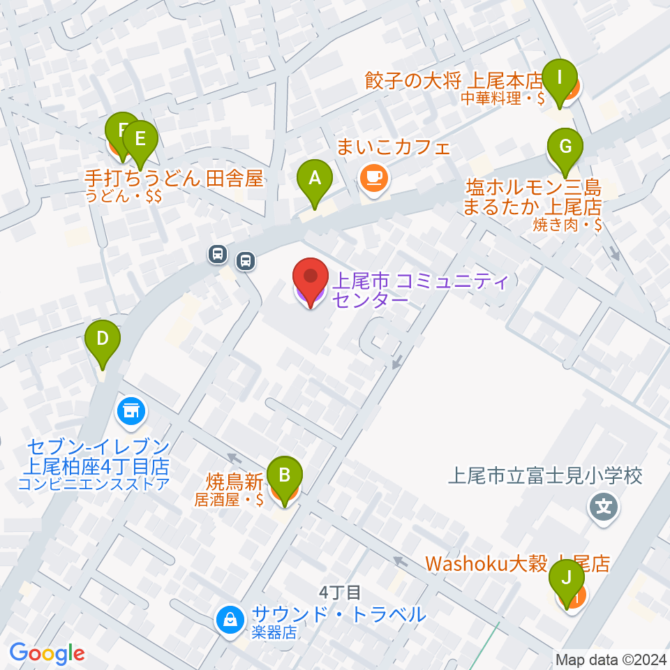 三井金属あげおコミュニティセンター周辺のファミレス・ファーストフード一覧地図