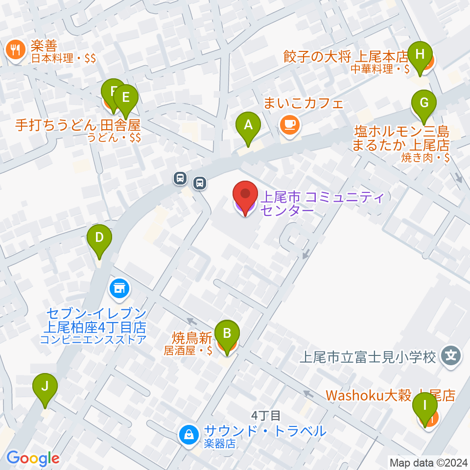 三井金属あげおコミュニティセンター周辺のファミレス・ファーストフード一覧地図