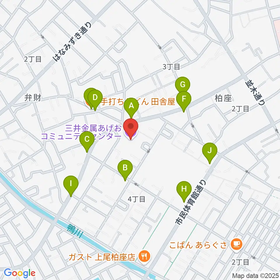三井金属あげおコミュニティセンター周辺のファミレス・ファーストフード一覧地図