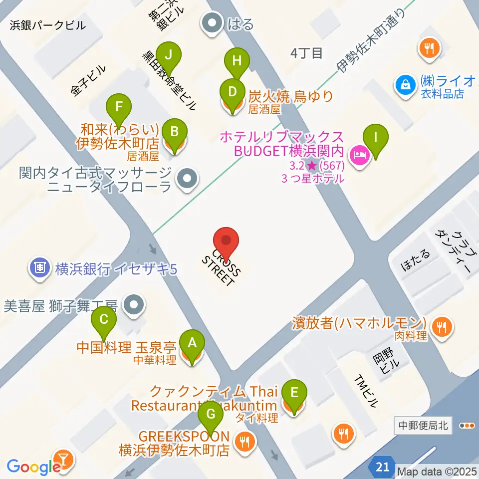 伊勢佐木町CROSS STREET周辺のファミレス・ファーストフード一覧地図