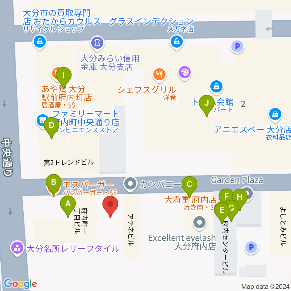 大分BackStage周辺のファミレス・ファーストフード一覧地図