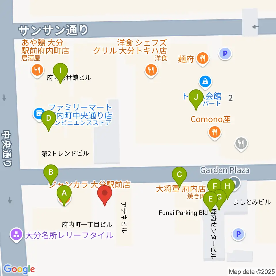 大分BackStage周辺のファミレス・ファーストフード一覧地図