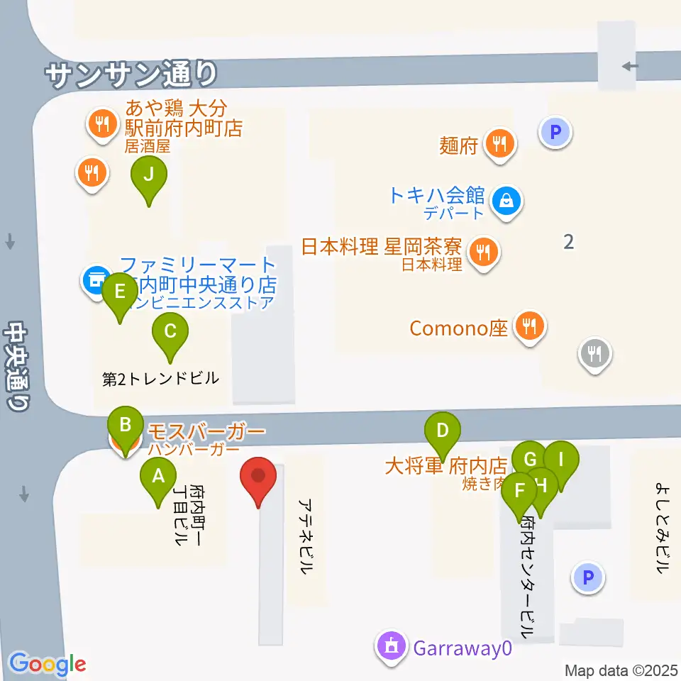 大分BackStage周辺のファミレス・ファーストフード一覧地図
