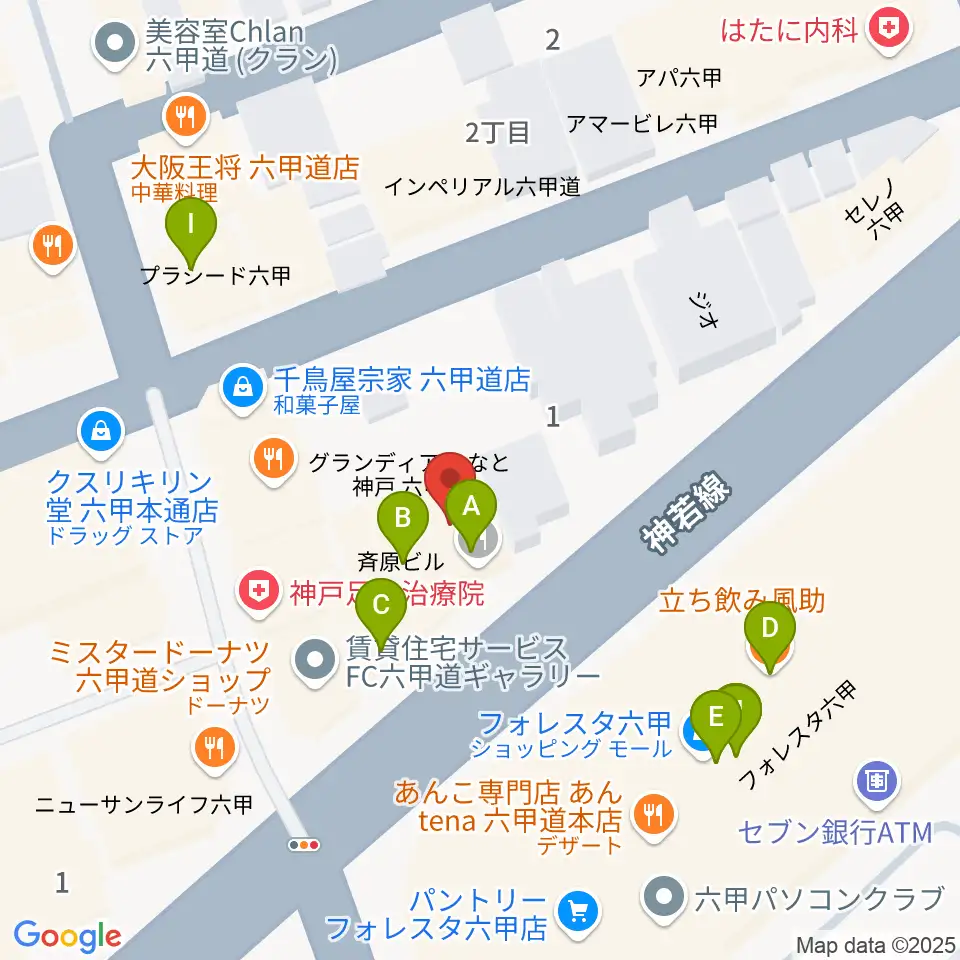 六甲道ミュージックスクール周辺のファミレス・ファーストフード一覧地図