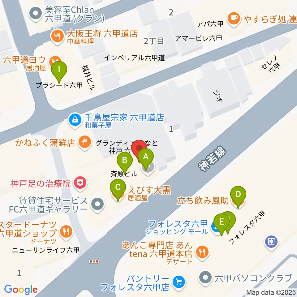 六甲道ミュージックスクール周辺のファミレス・ファーストフード一覧地図
