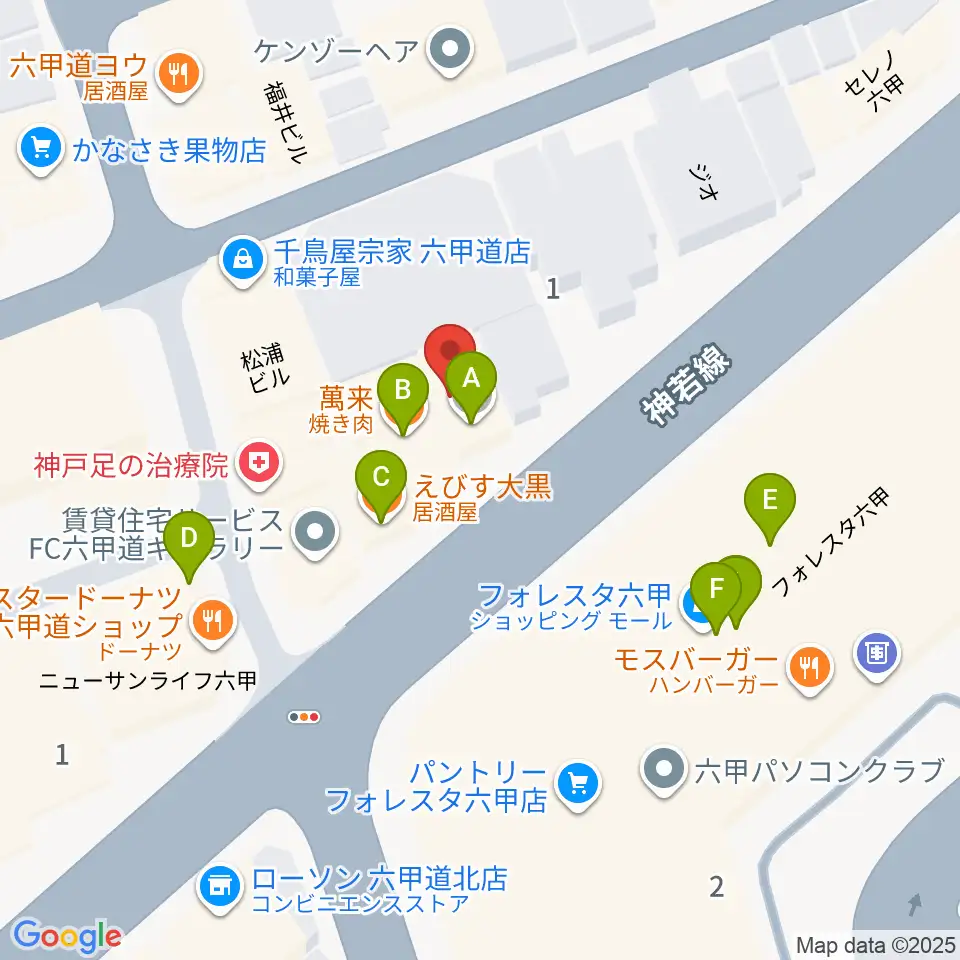 六甲道ミュージックスクール周辺のファミレス・ファーストフード一覧地図