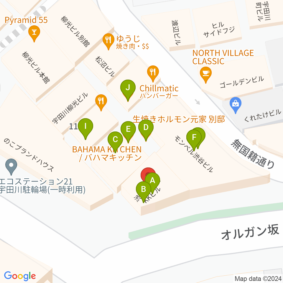 渋谷ROOTS周辺のファミレス・ファーストフード一覧地図