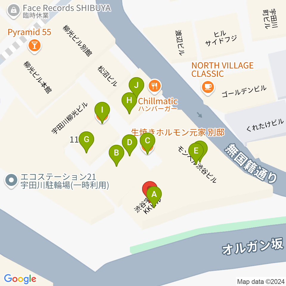 渋谷ROOTS周辺のファミレス・ファーストフード一覧地図