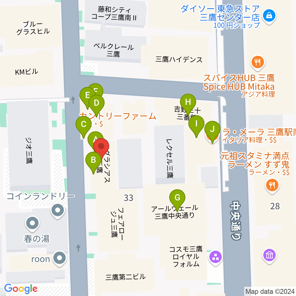 三鷹 パレード周辺のファミレス・ファーストフード一覧地図