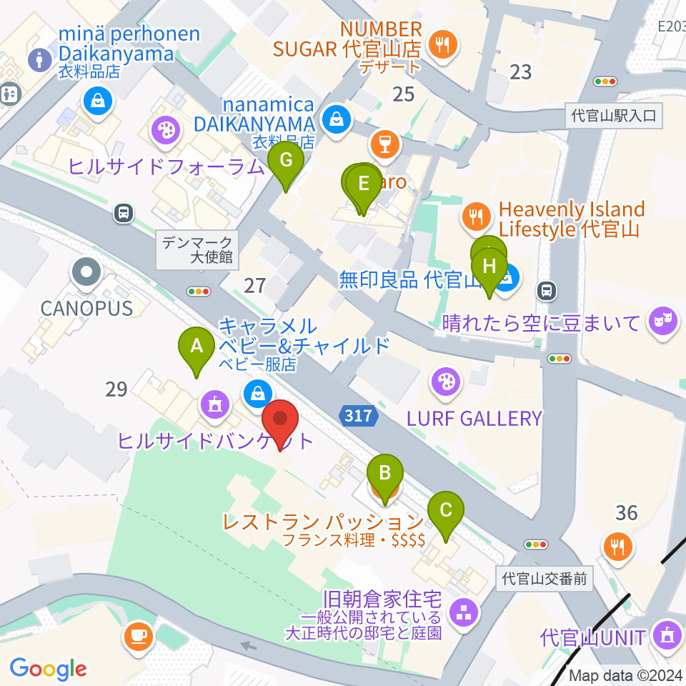 代官山ヒルサイドプラザホール周辺のファミレス・ファーストフード一覧地図