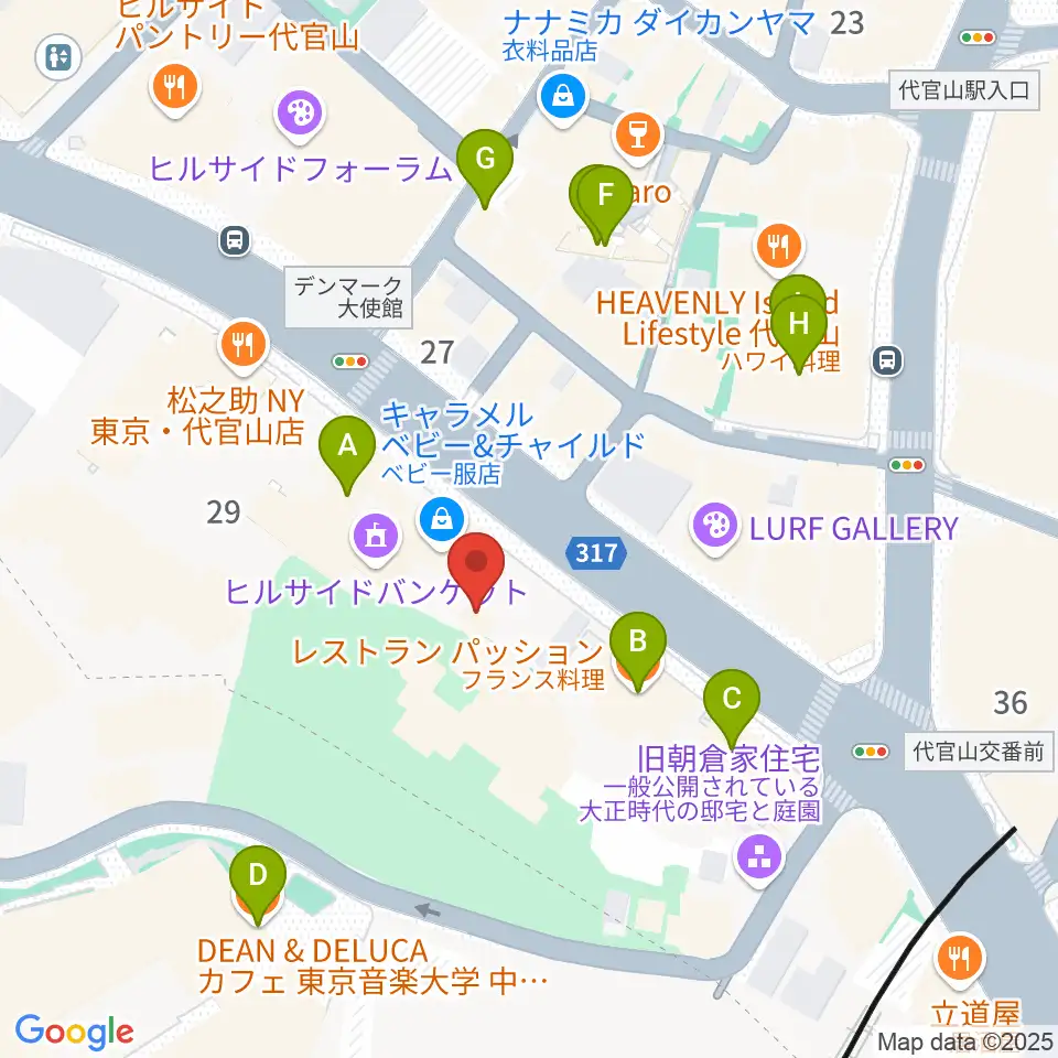 ヒルサイドプラザホール周辺のファミレス・ファーストフード一覧地図