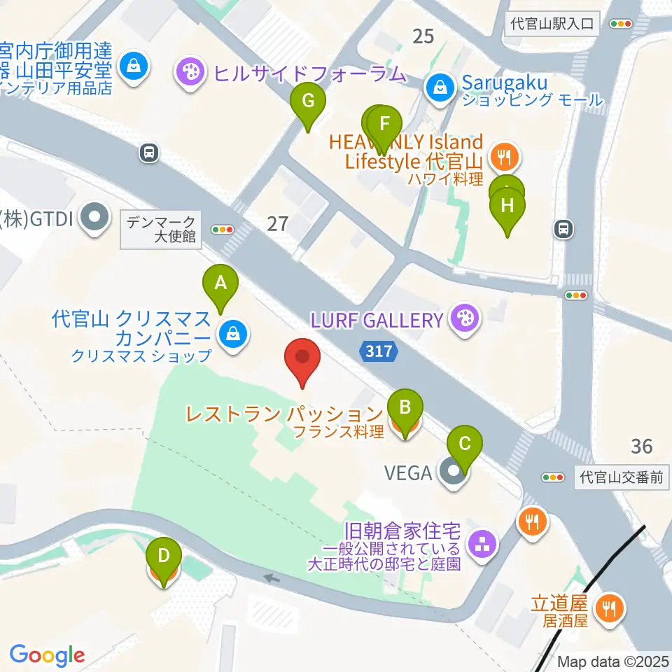 ヒルサイドプラザホール周辺のファミレス・ファーストフード一覧地図