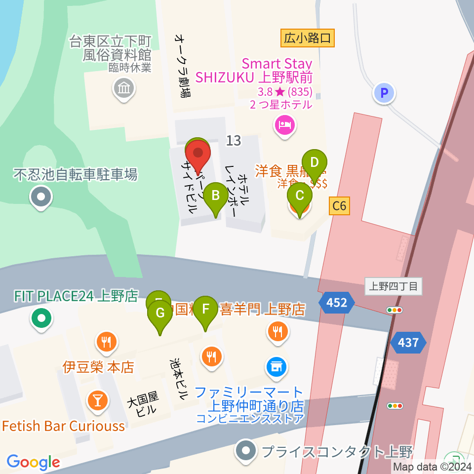 池之端ライブスペースQui周辺のファミレス・ファーストフード一覧地図