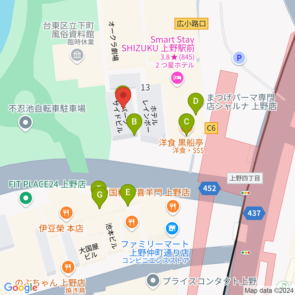 池之端ライブスペースQui周辺のファミレス・ファーストフード一覧地図