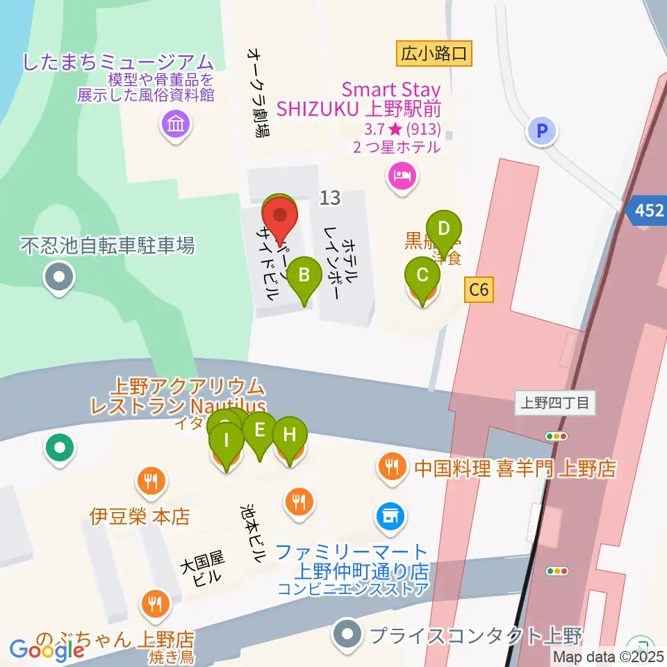 池之端ライブスペースQui周辺のファミレス・ファーストフード一覧地図