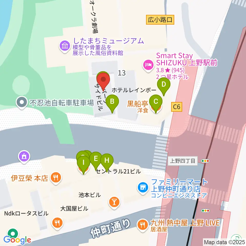 池之端ライブスペースQui周辺のファミレス・ファーストフード一覧地図