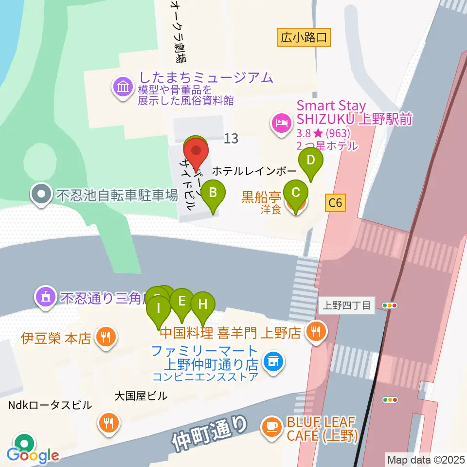 池之端ライブスペースQui周辺のファミレス・ファーストフード一覧地図