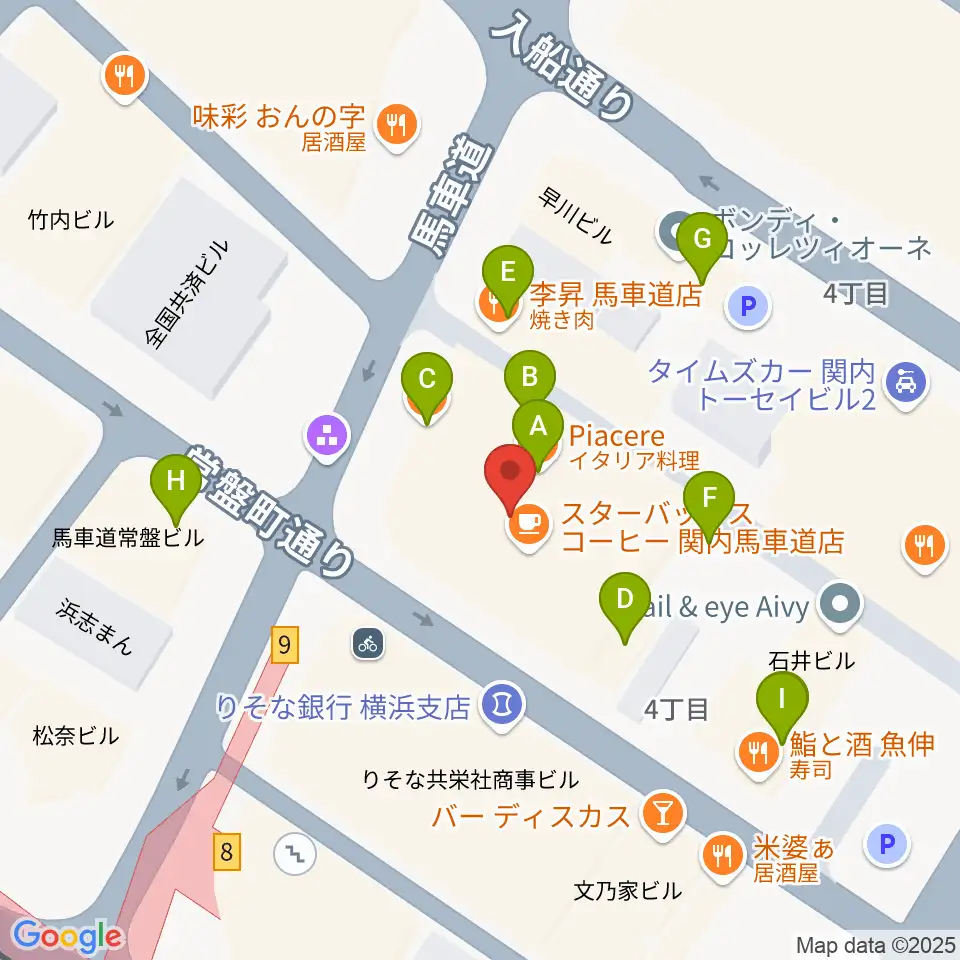ディスクユニオン横浜関内店・ジャズ館周辺のファミレス・ファーストフード一覧地図