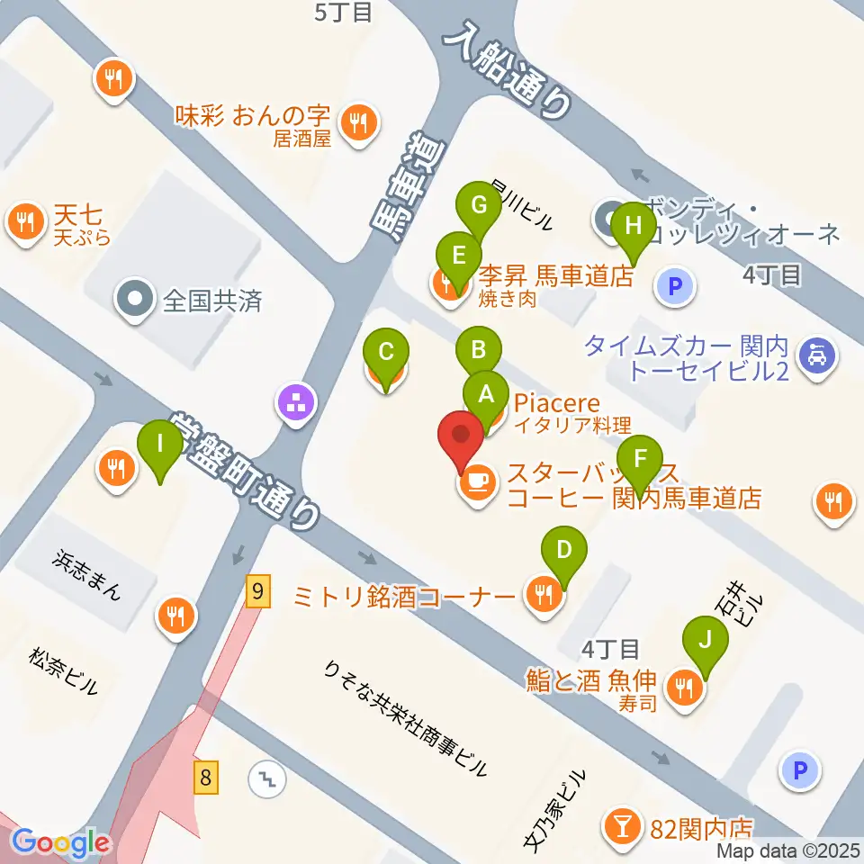ディスクユニオン横浜関内店・ジャズ館周辺のファミレス・ファーストフード一覧地図