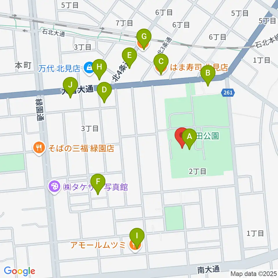 北ガス市民ホール周辺のファミレス・ファーストフード一覧地図