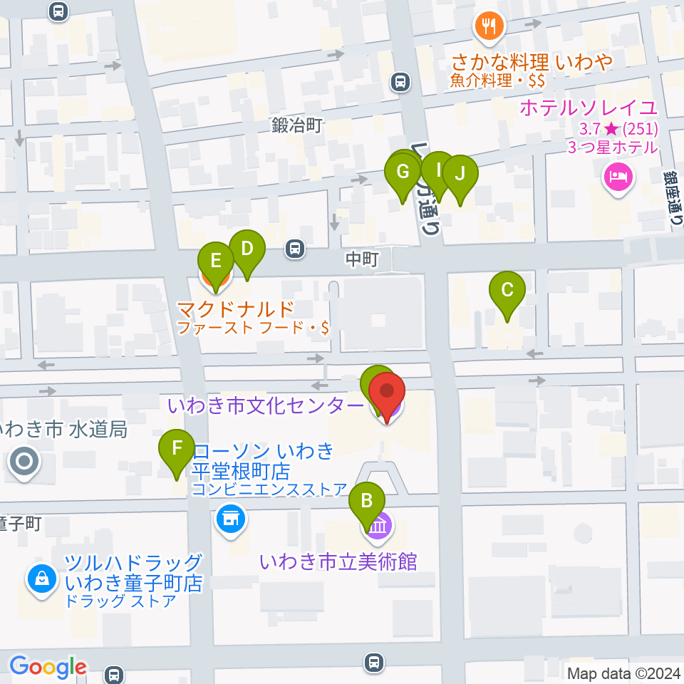 いわき市文化センター大ホール周辺のファミレス・ファーストフード一覧地図