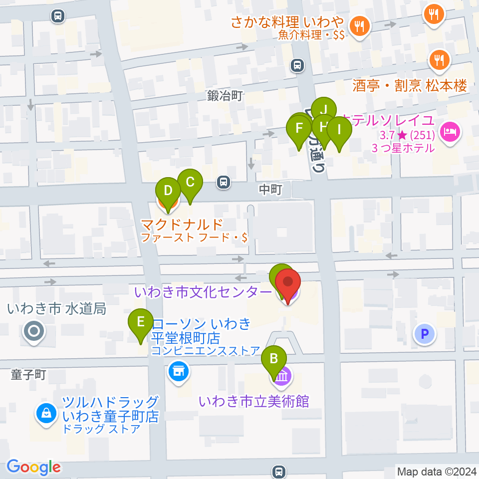 いわき市文化センター大ホール周辺のファミレス・ファーストフード一覧地図