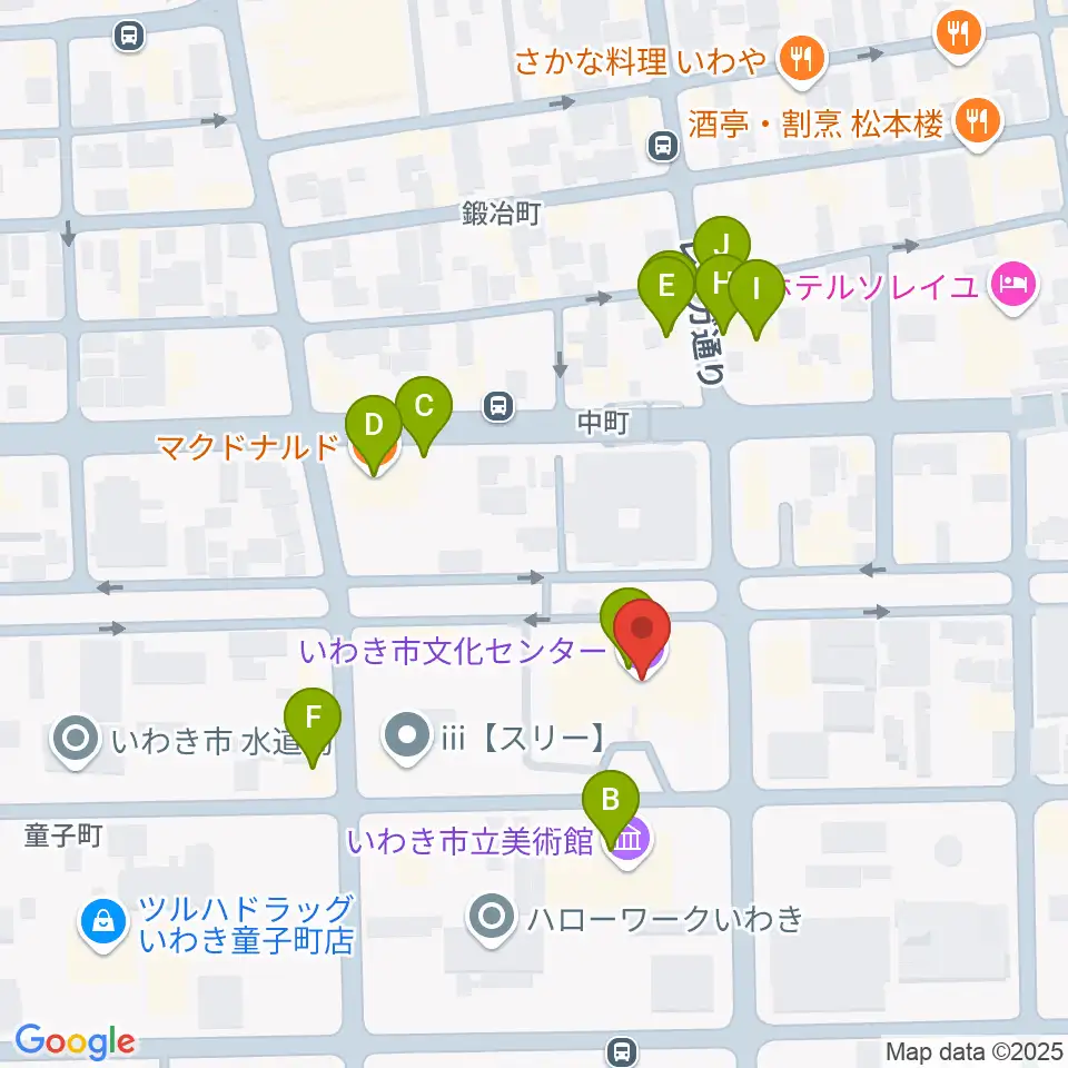いわき市文化センター大ホール周辺のファミレス・ファーストフード一覧地図