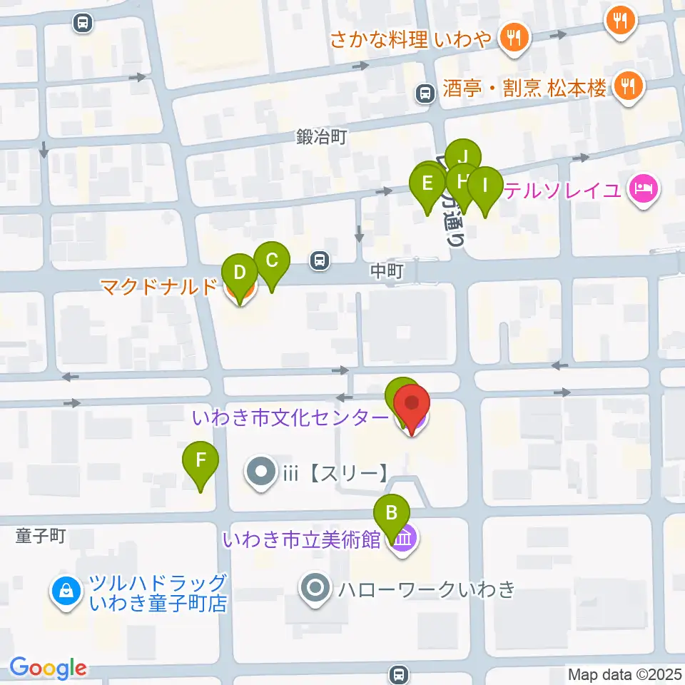 いわき市文化センター大ホール周辺のファミレス・ファーストフード一覧地図