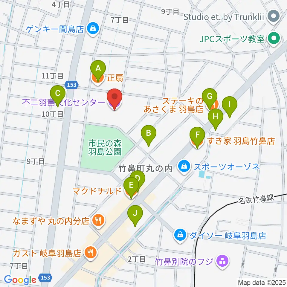 不二羽島文化センター周辺のファミレス・ファーストフード一覧地図