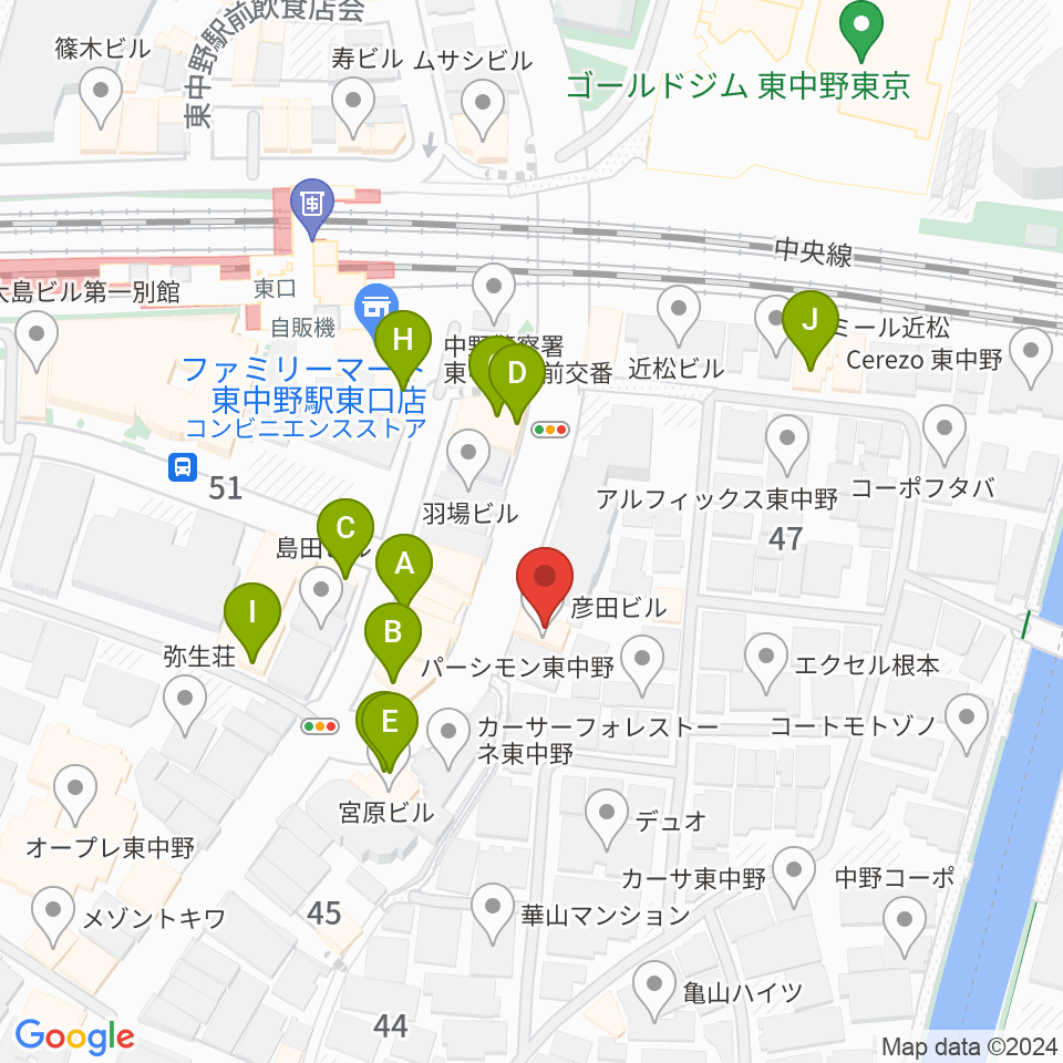 東中野 Cafeじみへん周辺のファミレス・ファーストフード一覧地図