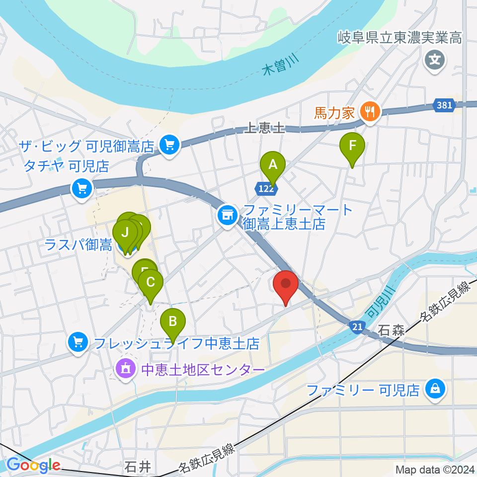 可児MIZ周辺のファミレス・ファーストフード一覧地図