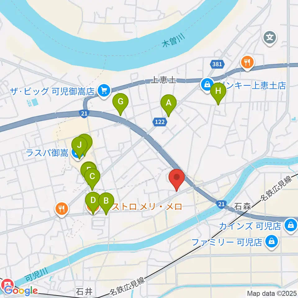 可児MIZ周辺のファミレス・ファーストフード一覧地図