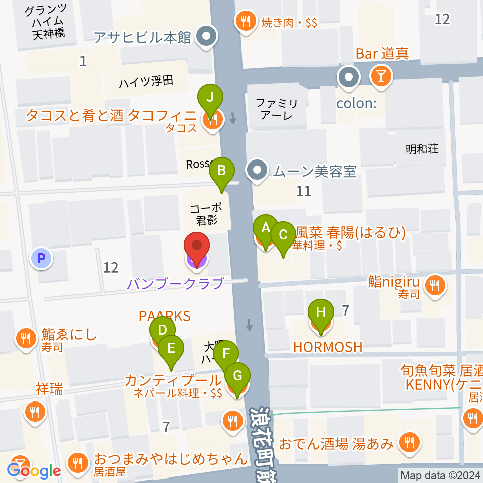 天満バンブークラブ周辺のファミレス・ファーストフード一覧地図