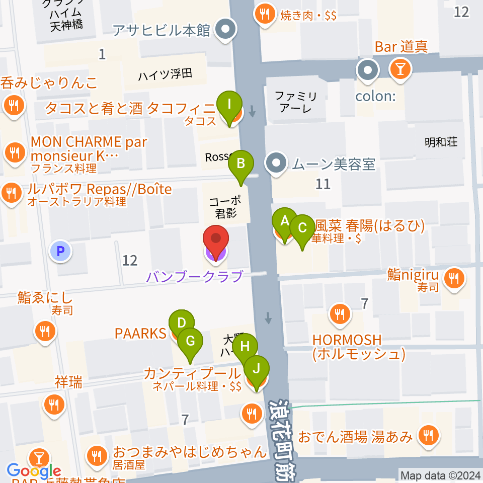 天満バンブークラブ周辺のファミレス・ファーストフード一覧地図