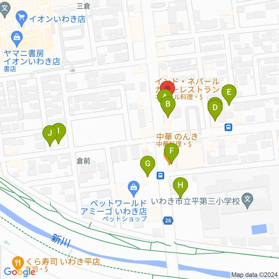 ピアノショップいわき周辺のファミレス・ファーストフード一覧地図