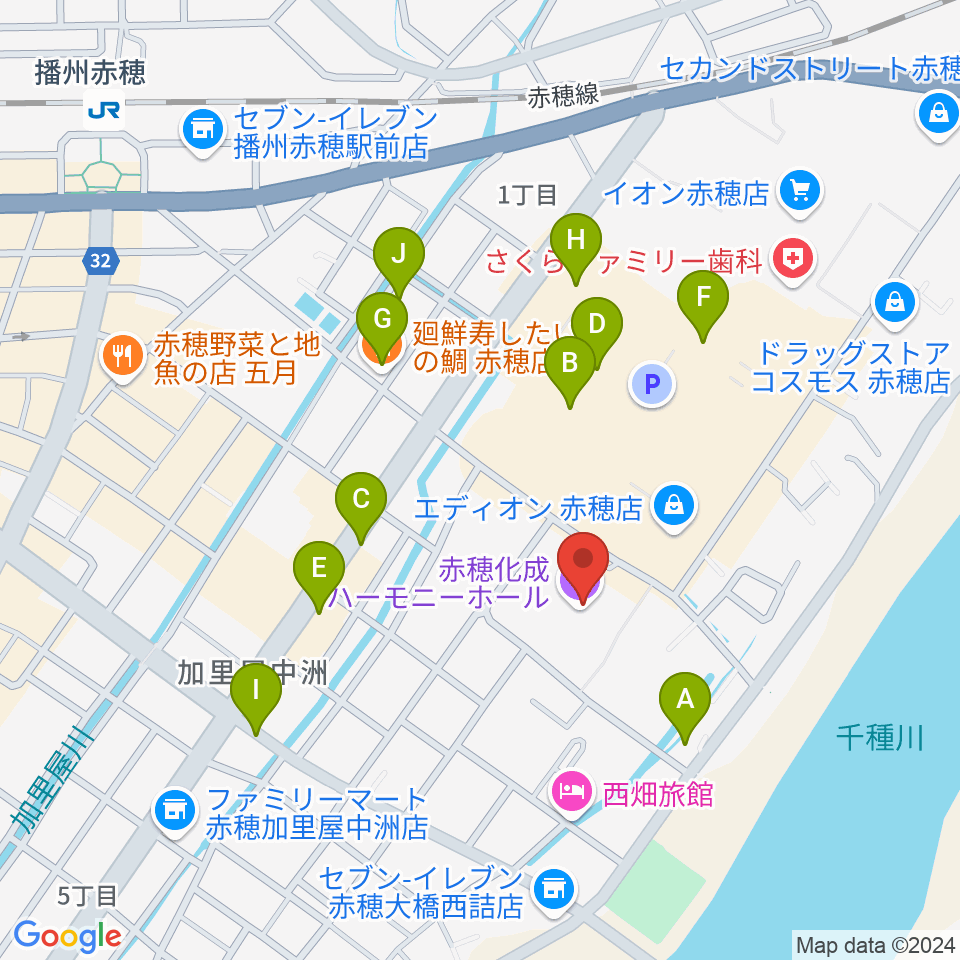 ハーモニーホール吹奏楽教室周辺のファミレス・ファーストフード一覧地図