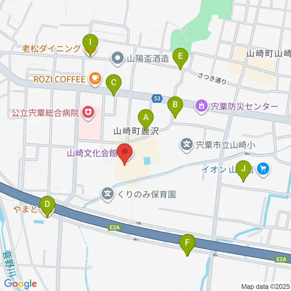 山崎文化会館周辺のファミレス・ファーストフード一覧地図