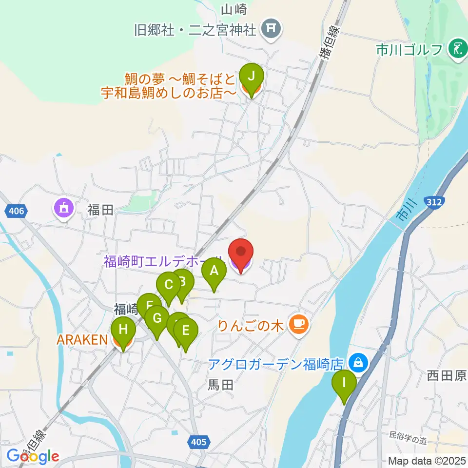 福崎町エルデホール周辺のファミレス・ファーストフード一覧地図