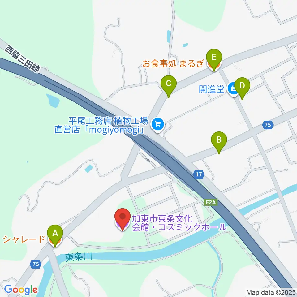 加東市東条文化会館コスミックホール周辺のファミレス・ファーストフード一覧地図