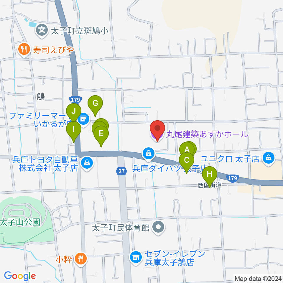 丸尾建築あすかホール周辺のファミレス・ファーストフード一覧地図