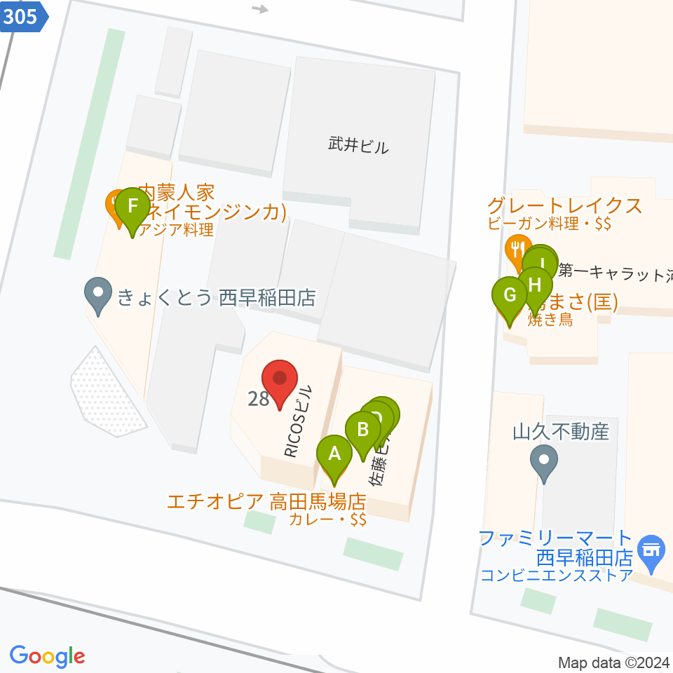 高田馬場サニーサイド周辺のファミレス・ファーストフード一覧地図