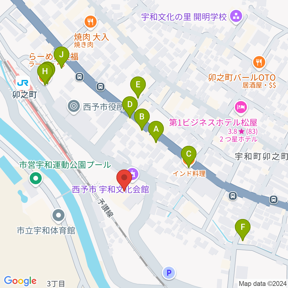 西予市宇和文化会館周辺のファミレス・ファーストフード一覧地図