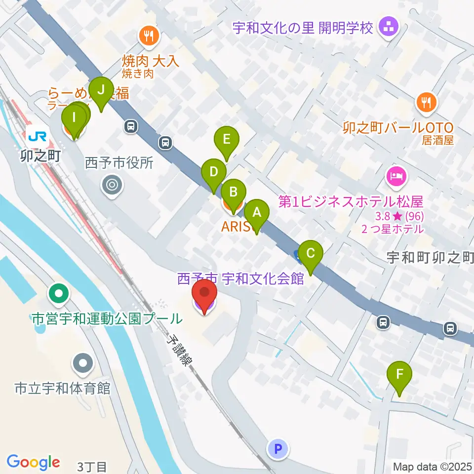 西予市宇和文化会館周辺のファミレス・ファーストフード一覧地図