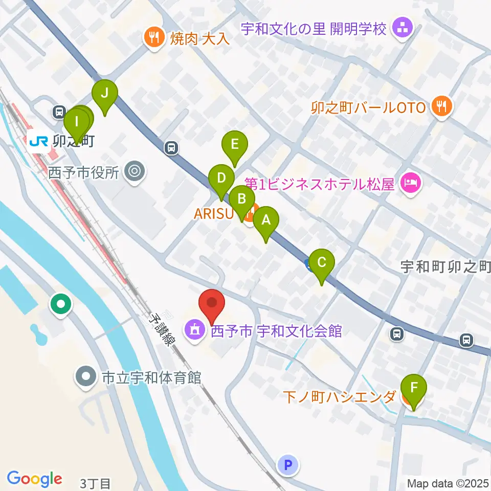西予市宇和文化会館周辺のファミレス・ファーストフード一覧地図