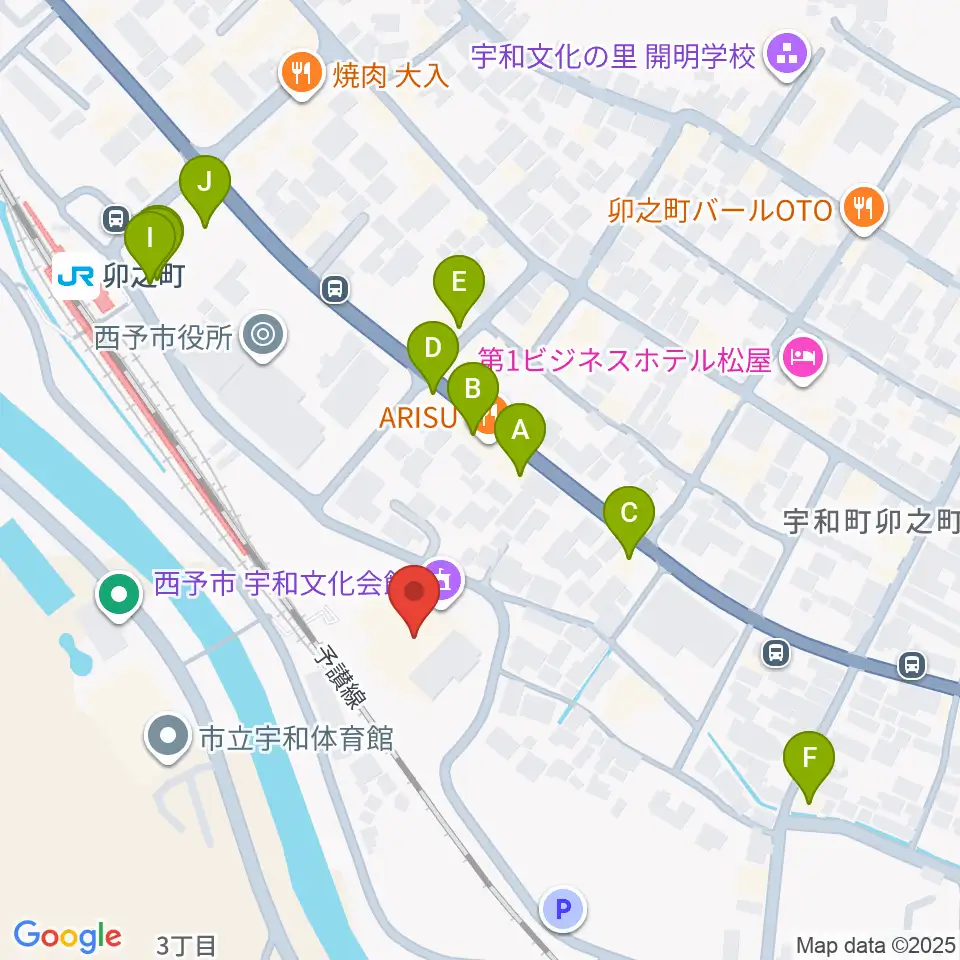 西予市宇和文化会館周辺のファミレス・ファーストフード一覧地図