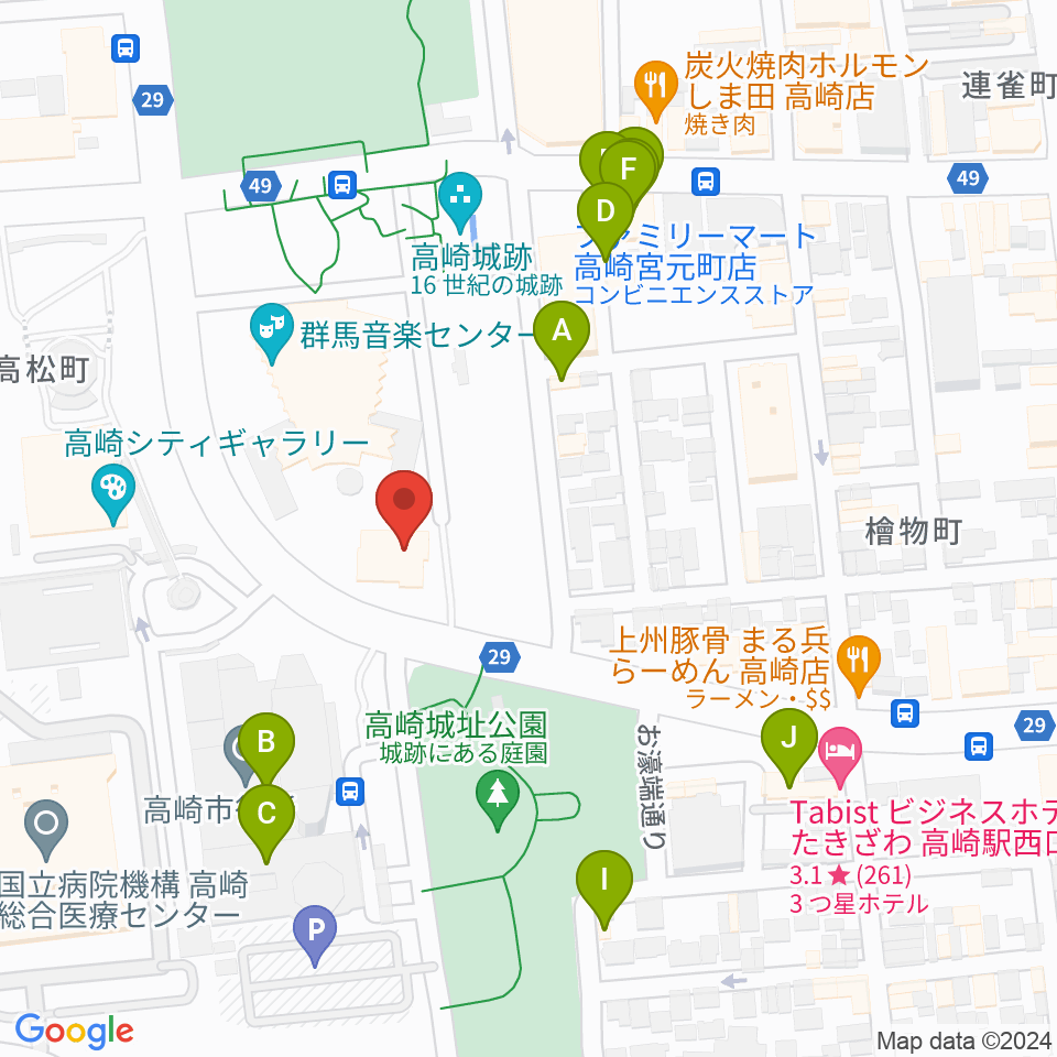 群馬シンフォニーホール周辺のファミレス・ファーストフード一覧地図