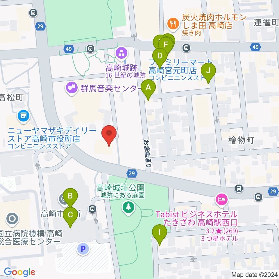 群馬シンフォニーホール周辺のファミレス・ファーストフード一覧地図